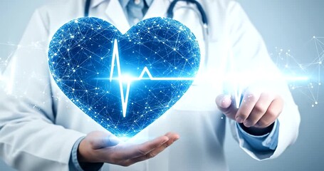 Doctor holding a glowing digital heart with electrocardiogram and network connections - Powered by Adobe