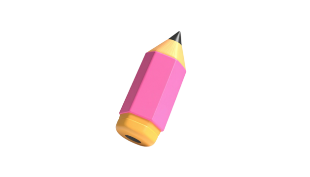 A cartoon pencil with pink body, yellow accents and a black tip floating against black
