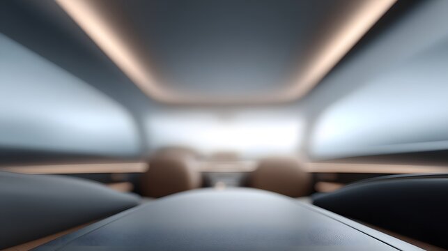 Luxury car interior blurred panoramic AR workspace floating across lounge walls - Powered by Adobe