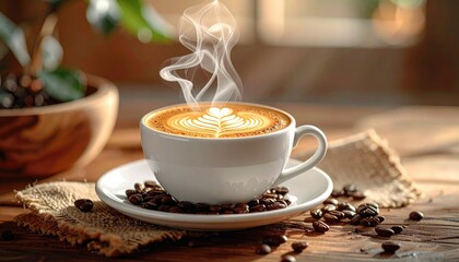 Steam rising from a latte art coffee cup