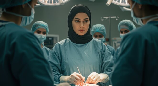 Focused Muslim female surgeon in hijab leading a medical team during an operation.
