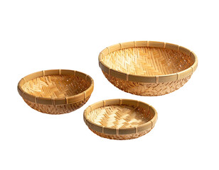 Three nested, light-tan woven bamboo bowls