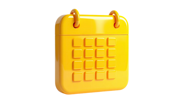 3D rendered yellow calendar with rounded edges, on black backdrop
