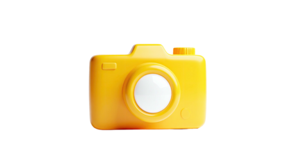 Bright yellow, 3D rendered camera icon against a stark black background