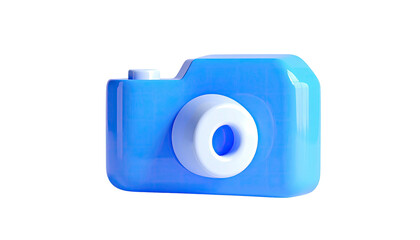 A glossy, vibrant blue 3D camera icon, rendered against a stark black backdrop
