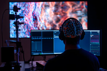 Obraz premium Man with Brain Sensors Working on Computer