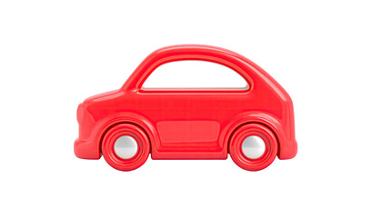 A simple, glossy red toy car with silver wheels, against a stark black background