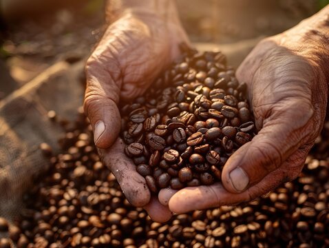 Hands Holding Coffee Beans. It shows hands cupping coffee beans, bathed in warm light. Great for coffee brand promotions, culinary blogs, or agricultural industry visuals.