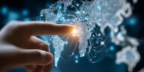 Futuristic World Map Projection with Finger Touching Points of Connection and Technology Innovation