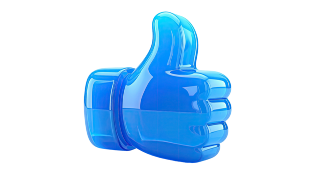 3D render of a translucent blue thumbs-up gesture against a black background