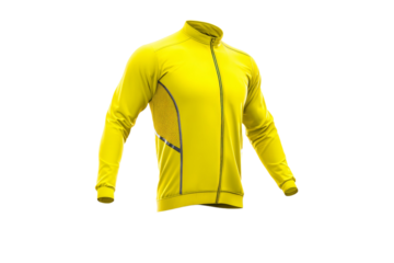 Bright yellow jacket with zipper and mesh detailing on black background