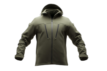 Olive green tactical jacket with hood and zipper pockets on black background