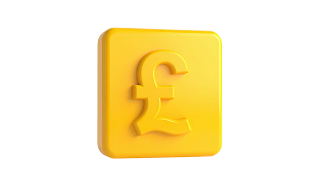 Glossy yellow pound symbol 3D rendering inside a square button against black