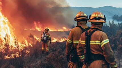 Naklejka premium Brave Firefighters Courageously Battling a Blazing Inferno to Protect Lives and Property in Crisis
