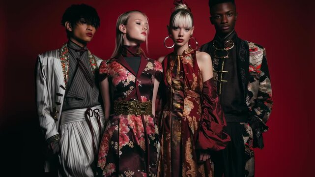 Group of diverse models wearing outfits blending different cultural styles, dramatic studio lighting, fashion magazine style
