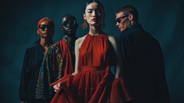 Group of diverse models wearing outfits blending different cultural styles, dramatic studio lighting, fashion magazine style