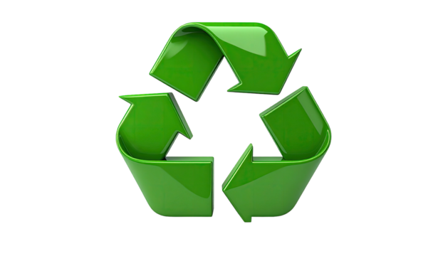 Glossy, emerald-green three-arrow loop graphic on a stark black background, recycling concept