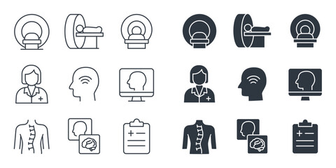 Medical Imaging Icons on Light Background Featuring MRI Scanners, CT Machines, Doctors, Brain Scans, Patient Profiles, and Medical Reports