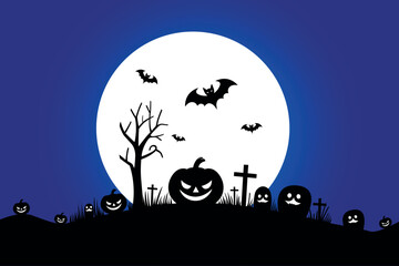 Full moon halloween, pumpkins and graveyard in spooky silhouette style