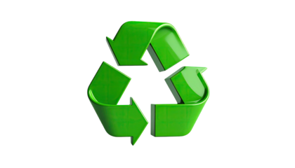 Green, glossy, three-arrow symbol on a black background, representing recycling