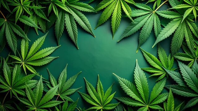Overhead shot of lush green cannabis leaves arranged around an empty space, creating a vibrant organic pattern.