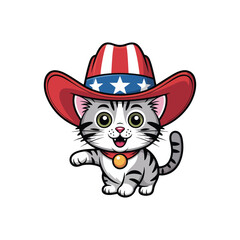 Cute Cartoon Cat Wearing a Red White and Blue Cowboy Hat kitten American flag
