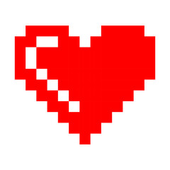 Obraz premium Pixel red heart with diagonal white stripe outline in retro style digital icon