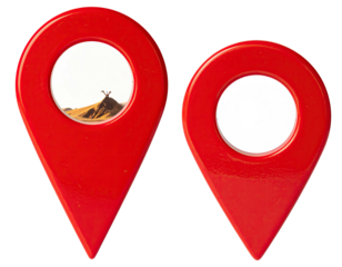 Two red map pins; one shows a desert landscape, the other is blank