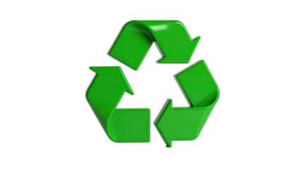 Green recycling symbol with curved arrows, isolated on a stark black background