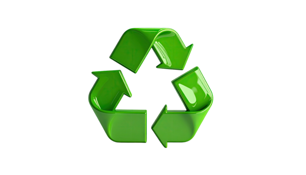 Glossy, green, triangular symbol with arrows indicating a circular process