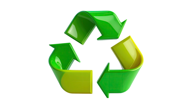 Shiny, 3D-rendered green and yellow arrows in a circular recycle symbol, black bg