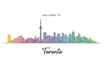 Fototapeta premium Toronto Skyline Illustration – Colorful Gradient Cityscape Featuring CN Tower, Rogers Centre, and High-Rise Buildings with “Welcome to Toronto” Text – Vibrant Vector for Tourism & Branding