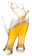 Two Tall Glasses of Golden Beer with Splash and Foam Against White Background – Refreshing Celebration Concept