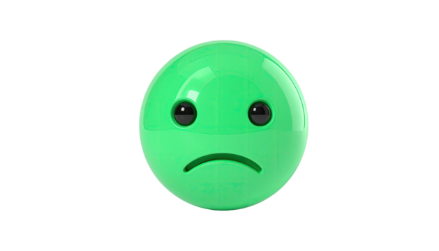Green, glossy sphere with black eyes and a downturned mouth; sadness concept