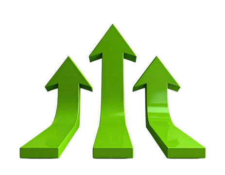 Three 3D green arrows pointing upward, layered, and glossy