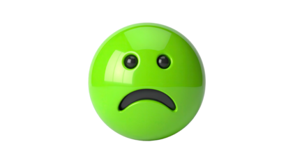 A 3D rendered, glossy green sphere with a sad face set against a black background