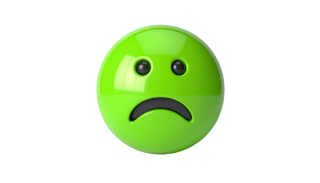 A 3D rendered, glossy green sphere with a sad face set against a black background