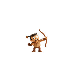 Fototapeta premium A charming animated character, a young archer, is depicted drawing a bow and arrow, ready to shoot against a pure white backdrop