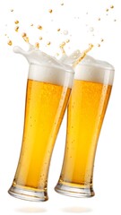 Two Tall Glasses of Golden Beer with Splash and Foam Against White Background – Refreshing Celebration Concept