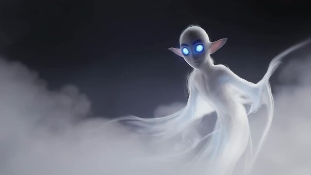 A mysterious shadow spirit cloaked in mist, glowing eyes peeking through darkness, animation style 