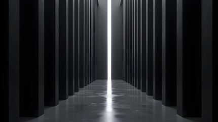 Dark abstract architectural corridor with glowing light