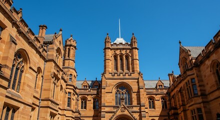 Fototapeta premium University architecture sandstone buildings against a clear blue sky