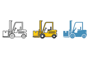 Fototapeta premium Forklift Icon Set – Three Stylized Illustrations in Black Outline, Yellow Industrial, and Blue Solid Variants – Minimal Vector Design for Construction, Warehouse, or Equipment Graphics