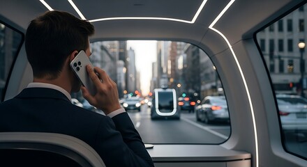 Businessman Commutes in a Futuristic Self-Driving Car in the City.