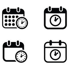 Black and white calendar with clock icons set featuring solid and outline styles for scheduling, appointments, and time management UI design