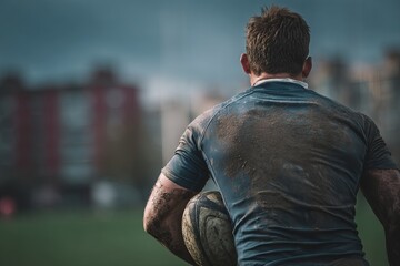 Rugby player, dirty, focused, outdoors