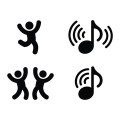 Fototapeta premium Black music and dance icons set featuring celebratory figures and musical notes for entertainment, party apps, and event branding design