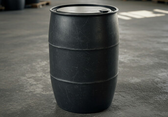 Naklejka premium Sturdy black industrial barrel sits on a concrete floor in a warehouse with natural light casting shadows