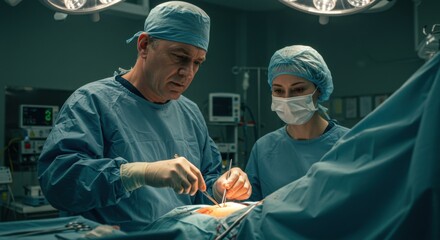 Surgeons performing a complex surgical procedure in a sterile operating room.