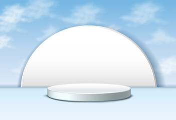 A white and blue colored product mockup background with glossy podium